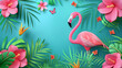 © SARATSTOCK - Pink flamingo on a blue background, surrounded by palm leaves, butterflies and exotic plants. Creative art design of beautiful vibrant wild bird. Summer tropical illustration with Phoenicopterus.