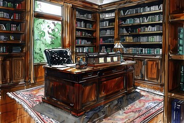 Canvas Print - Detailed drawing of a desk in a library, suitable for educational projects