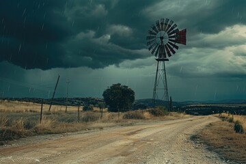 Poster - Scenic view of a windmill on a dirt road under a cloudy sky. Suitable for travel brochures or renewable energy concepts