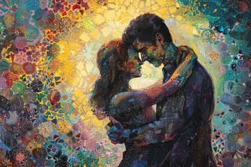 Wall Mural - Romantic painting of a man and woman embracing. Perfect for love-themed projects