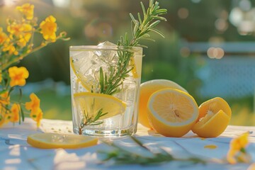 Canvas Print - Refreshing glass of water with lemon slices and a sprig of rosemary. Perfect for health and wellness concepts