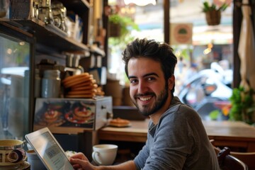 Poster - A man sitting at a table with a laptop. Suitable for business or technology concepts