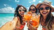 © sirisakboakaew - Happy friends having fun with tropical cocktails on beach party. Travel and summer vacation concept.