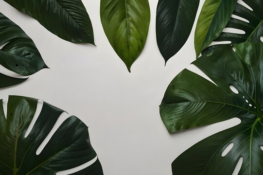 closeup tropical green leaf background. Flat lay, fresh wallpaper banner concept Generative Ai