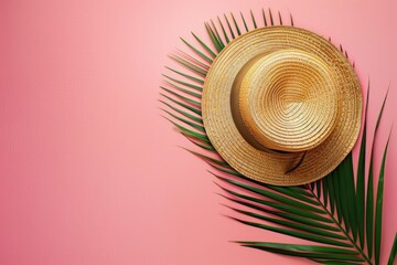 Canvas Print - A straw hat resting on a palm leaf, perfect for summer vibes