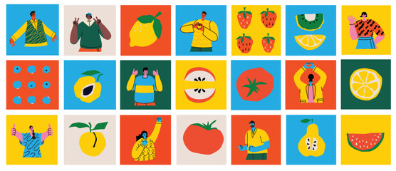  Set of Male and Female Characters with Healthy Food. People with Fruits and Vegetables Source of Energy and Health, Vegetarian Diet Isolated on White Background.