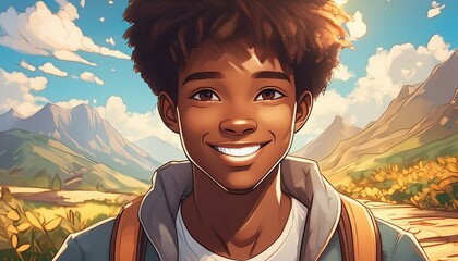 Wall Mural - ai generative of african boy with anime effect