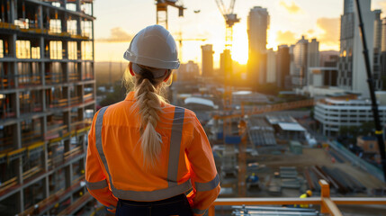 1 female person construction worker in high vis orange work gear hardhat helmet for building engineer scafolding contractor diverse workforce labor banner with copy space woman infrastructure jobs 