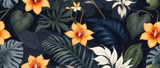Wall Mural - tropical leaves and flowers background