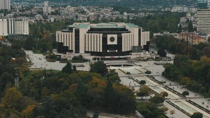 Wall Mural - Drone footage of the National Palace of Culture and the NDK fountains in Sofia, Bulgaria