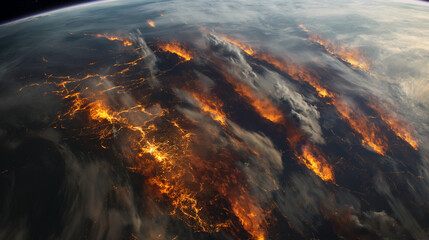 Wall Mural - Earth in satellite view and fire burning on earth