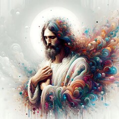 A painting of a jesus christ with wings art has illustrative meaning card design harmony.