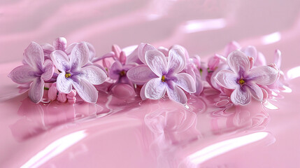 Poster -   A cluster of lavender blossoms resting on a rose-hued work surface beside an ivory vase brimming with liquid