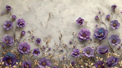 Wall Mural -   A stunning painting depicts purple flowers against a white stucco backdrop, accented by shimmering gold leaves on the adjacent wall