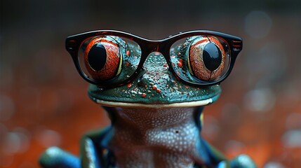 Wall Mural -   A photo of a frog with glasses, cropped close-up, and a blurry background behind its head