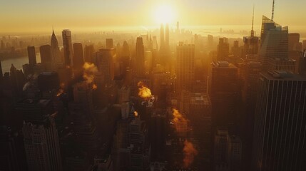 Aufkleber - Aerial view of city skyline at sunrise, with skyscrapers casting long shadows and the sun emerging on the horizon.