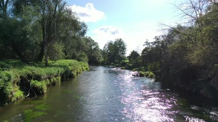 Wall Mural - Drone footage of a river with water flowing in green fields in the countryside in bright sunlight