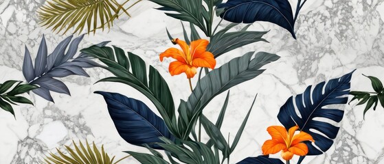 Wall Mural - tropical leaves and flowers background