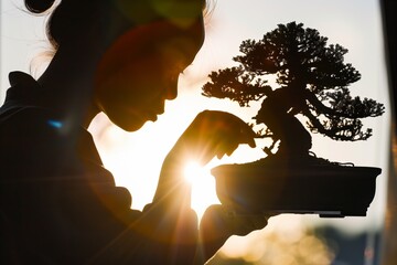 Sticker - individual examining bonsai silhouette against bright light