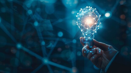 Poster - Businessman hand holding creative light bulb with industry network,analysis solution and development marketing network icons planning strategy, Modern business, Innovative of new ideas.