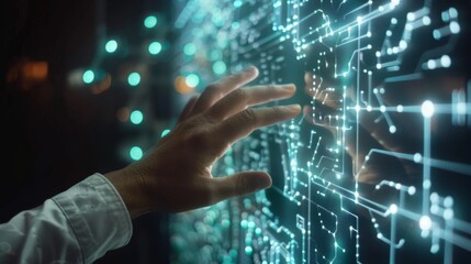 Fototapete - Businessman hand touching of digital data network transformation for next generation technology on cyberspace, Internet network and digital software development, Algorithm, Metaverse and data science.