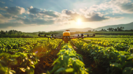 Drone spraying crops in a sunlit vineyard during golden hour