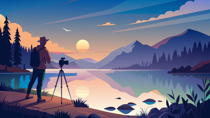 Wall Mural - Solo Photographer Capturing Sunset at Serene Mountain Lake