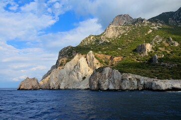 Serene day on the shoreline of Mount Athos in Greece