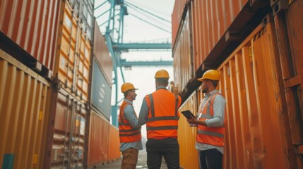 Leinwandbilder - Businessman use tablet show growth revenue graph info and engineer partner stand at container yard, loading containers box