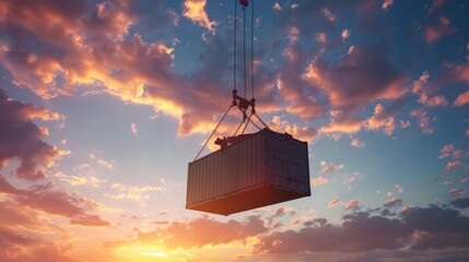 Cargo freight ship with crane to shore lift up loading container box in sunrise sky. import and export logistic and transportation concept.