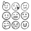 © Lysenko.A - Emojis faces icon in hand drawn style. Doddle emoticons vector illustration on isolated background. Happy and sad face sign business concept.
