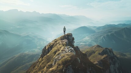 A mountain climber stands atop a towering peak, his silhouette etched against the sky. He basks in the sense of accomplishment, gazing out over the  panoramic view of rolling peaks and valleys.