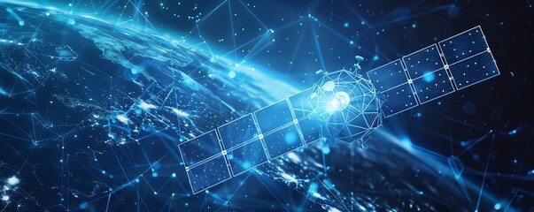a satellite in space with a glowing blue globe in the background. the satellite is surrounded by a n