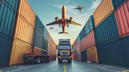 Wall Mural - container truck in shipping port and cargo plane flying above