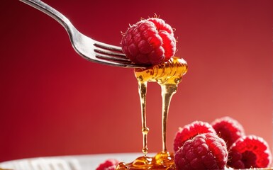 Raspberry on a fork with honey