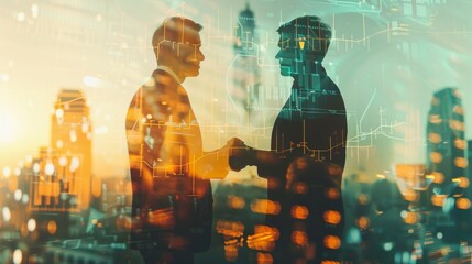 Leinwandbilder - Double exposure of financial chart on cityscape background with two businessmen handshake. Concept