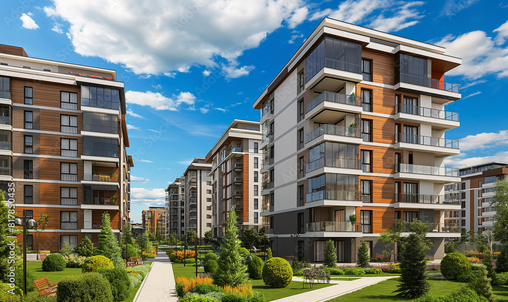 3d rendering of Modern apartment buildings with wooden cladding and ...