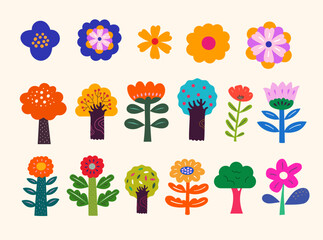 Wall Mural - Vector creative cartoon collection with funny flowers and trees. Modern floral stickers