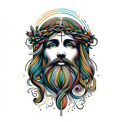 Wall Mural - A colorful drawing of a jesus christ with a beard and flowers in his hair has illustrative attractive card design has illustrative.