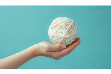 Wall Mural - Someone holding a ball of yarn in their hand on a blue background