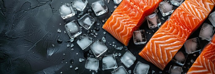 Wall Mural - Sliced Salmon on Black Board With Ice Cubes