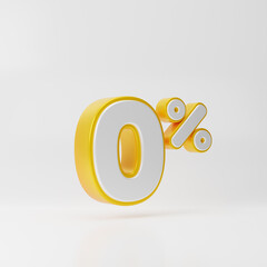 White zero percent or 0 % with gold outline isolated over white background. 3D rendering.