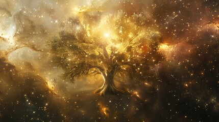 Wall Mural - Kabbalistic Tree of Life, abstract representation, metallic textures, interstellar background, shining through the cosmic mist realistic