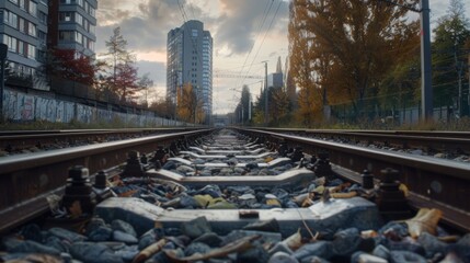 Leinwandbilder - perspective of railway track forward to building in city
