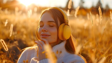  An enchanting scene of a girl adorned with exquisite headphones, set against a soft, pastel yellow backdrop, radiating timeless beauty and grace. . 
