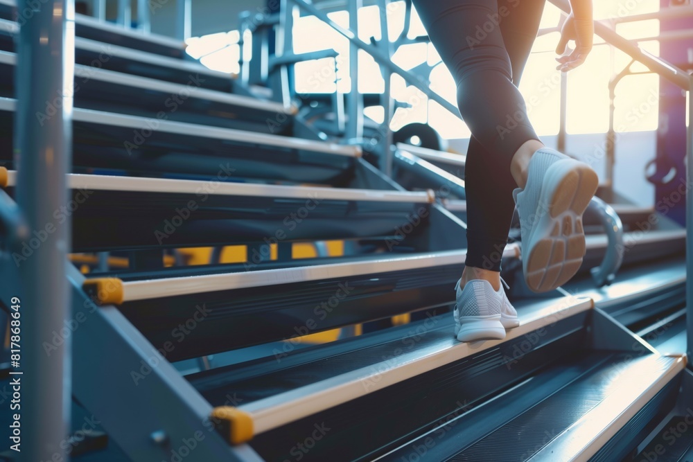 Person walking on a stair stepper machine in a gym, focusing on their ...