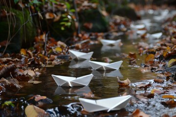 Sticker - Paper boats floating on a small stream surrounded by fallen autumn leaves. Serenity and nostalgia in a natural setting.