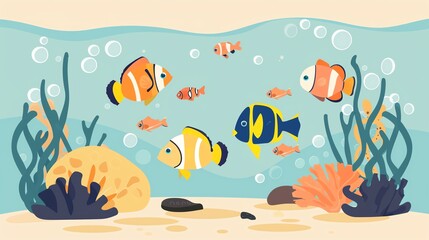 Aquarium fish flat design front view aquatic cartoon drawing analogous color scheme