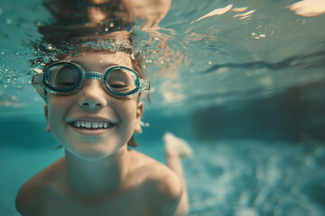 Young happy boy smiling and wearing swimming goggles swims underwater, underwater scene