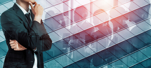 Wall Mural - double exposure image of success business people on abstract modern city background. future business